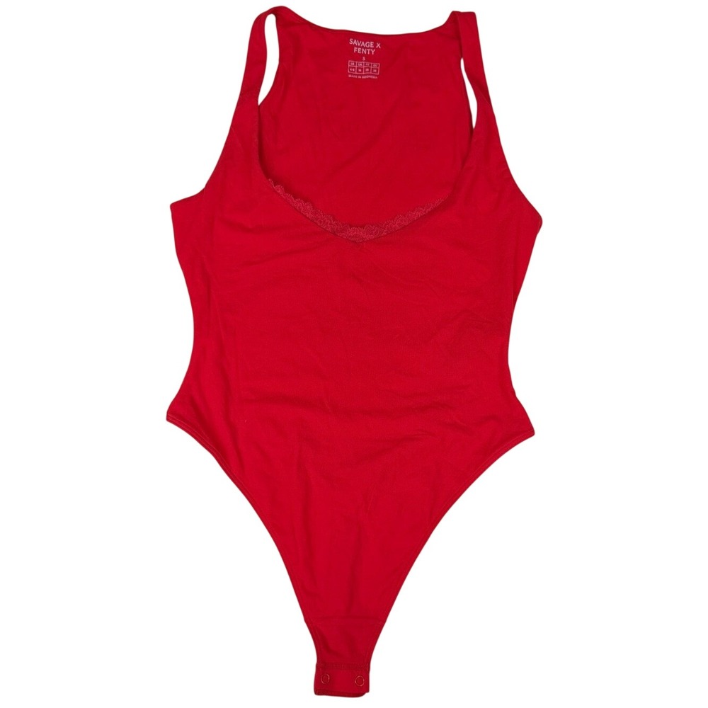 Savage X Fenty Red Scoop Neck Bodysuit Small Lace Neck Double Lined EUC
